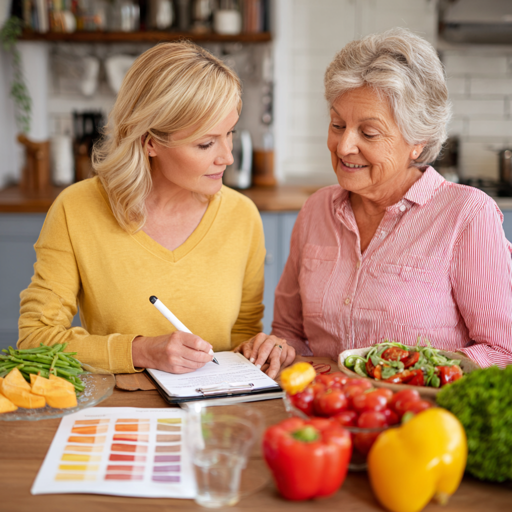 mature woman planning healthy meals with nutritionist guidance
