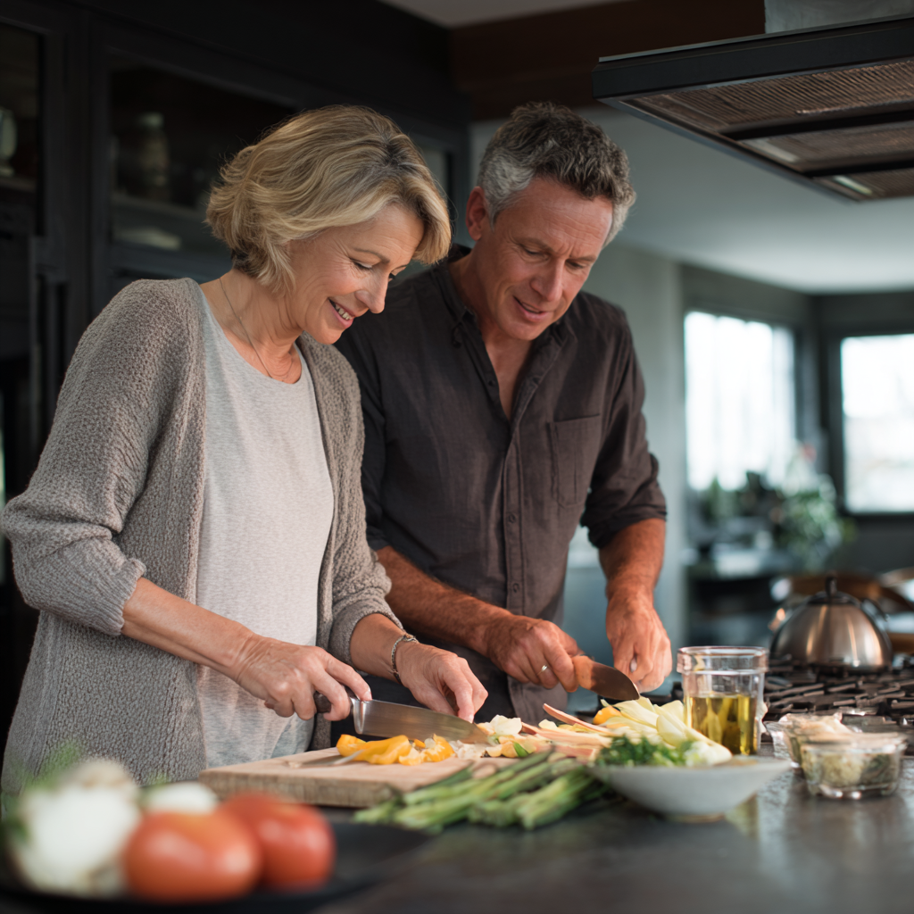 middle-aged couple preparing balanced meals together in modern kitchen
